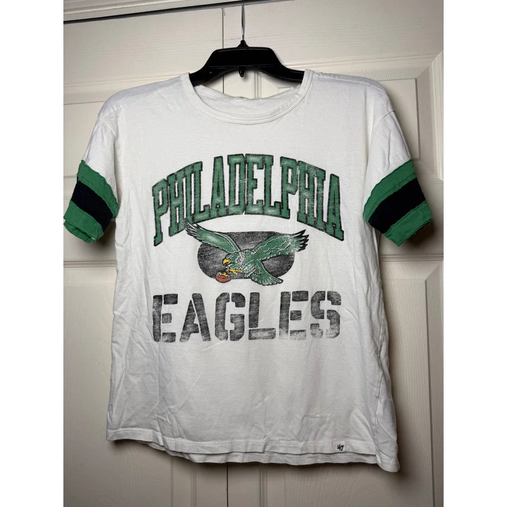 47 Brand Philadelphia Eagles Graphic T-Shirt White Green Varsity Stripe Small